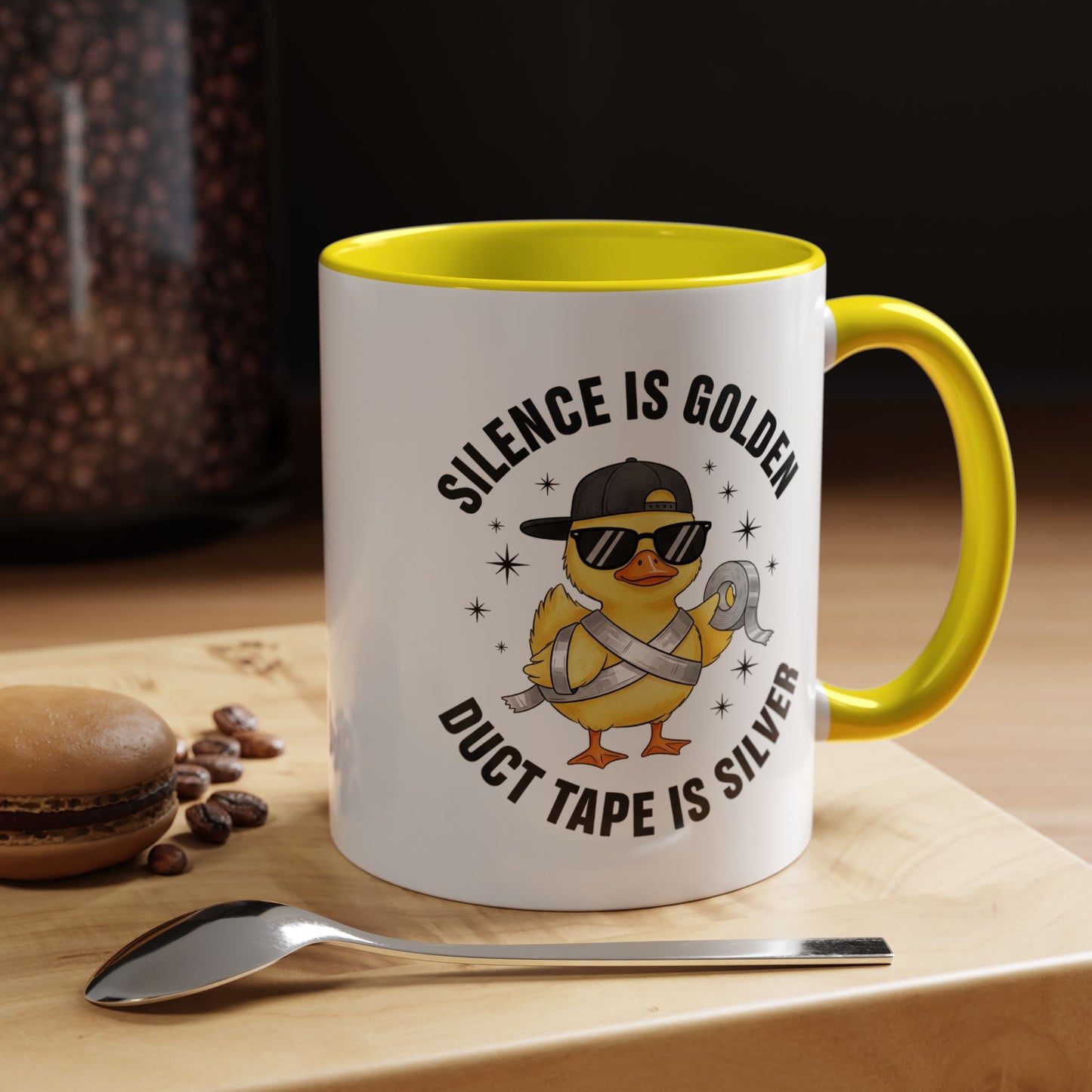 Accent Mug — "Silence is Golden, Duct Tape is Silver" Cute Duck Coffee Cup