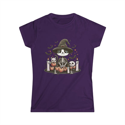 Halloween Witch Cat T-Shirt – Cute Skeleton Cat with Pumpkins & Candles