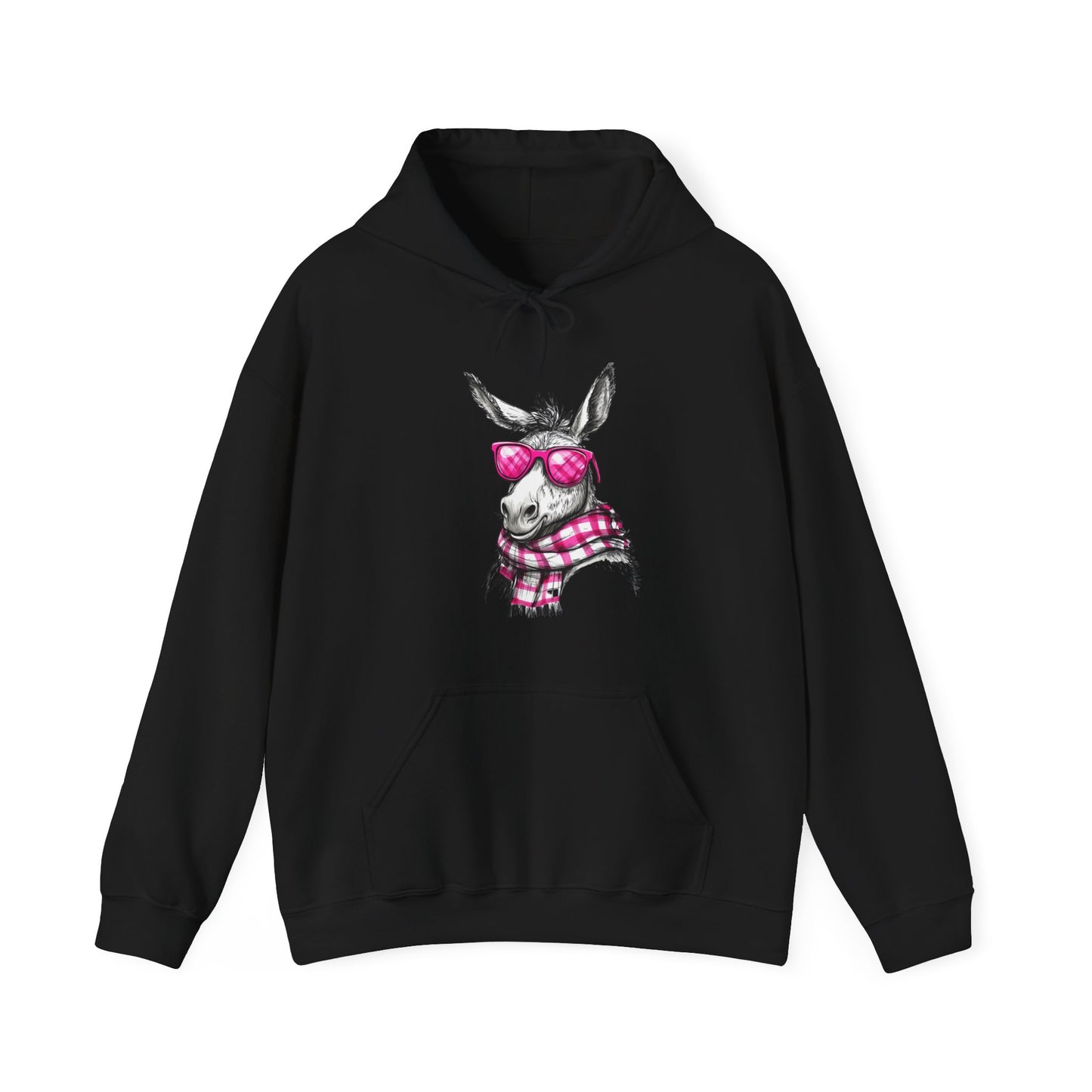 Cool Donkey Hoodie with Pink Glasses & Plaid Scarf — Cute Animal Graphic Sweatshirt