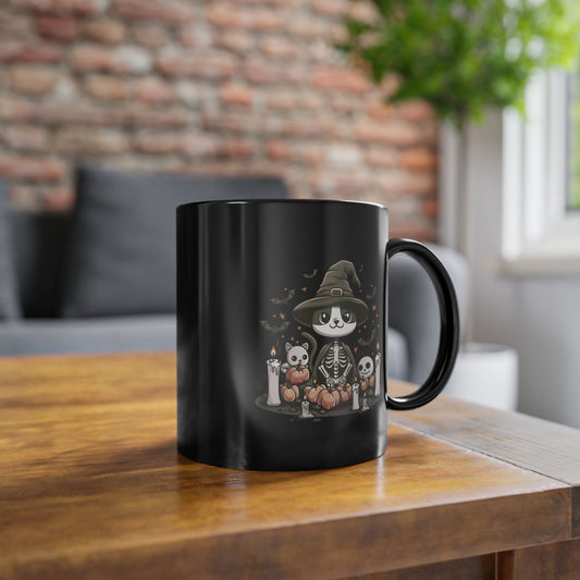 Halloween Witch Cat Mug – Cute Skeleton Cat with Pumpkins & Candles