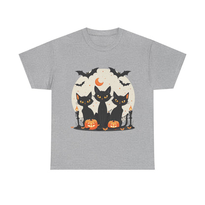 Halloween Black Cat T-Shirt – Cute Spooky Cats with Pumpkins & Bats Print