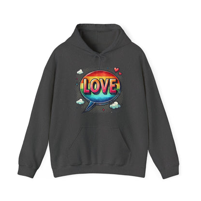 Love Speech Bubble Hoodie — Retro Rainbow Graphic Pullover