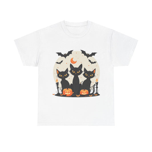 Halloween Black Cat T-Shirt – Cute Spooky Cats with Pumpkins & Bats Print