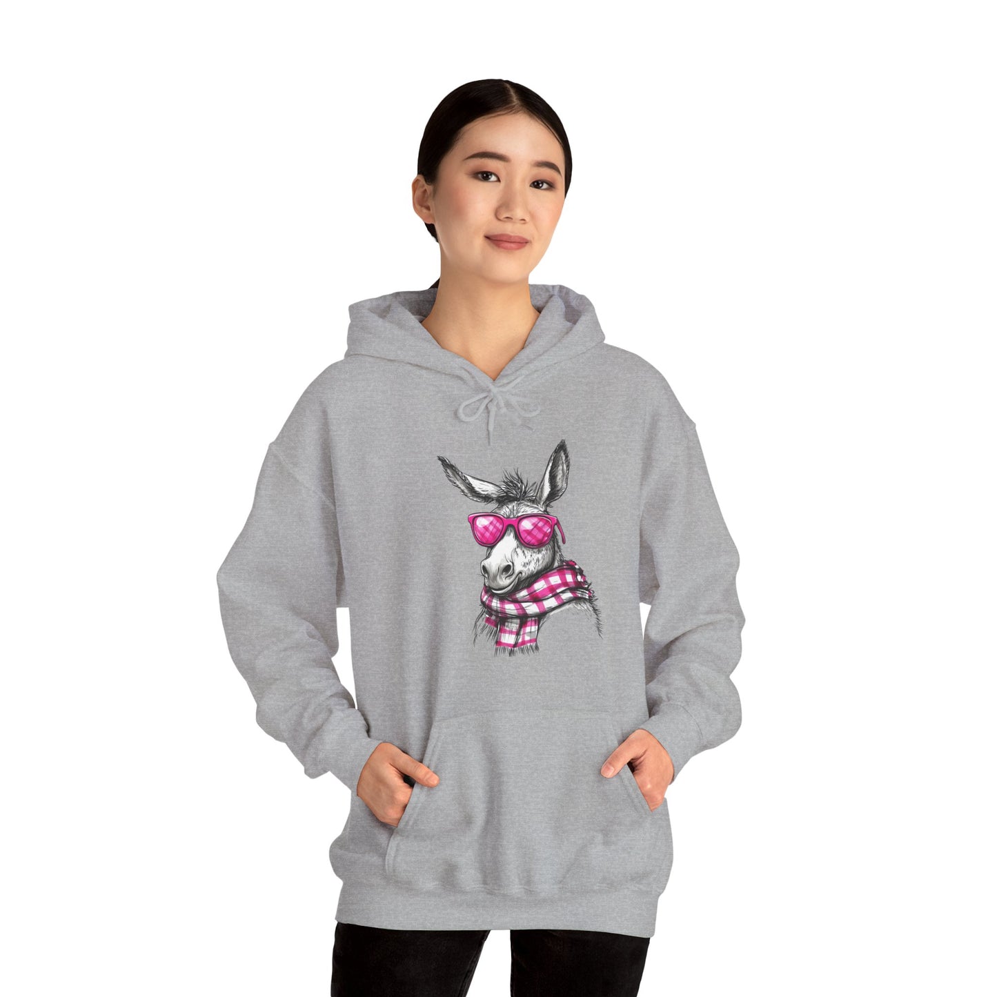 Cool Donkey Hoodie with Pink Glasses & Plaid Scarf — Cute Animal Graphic Sweatshirt