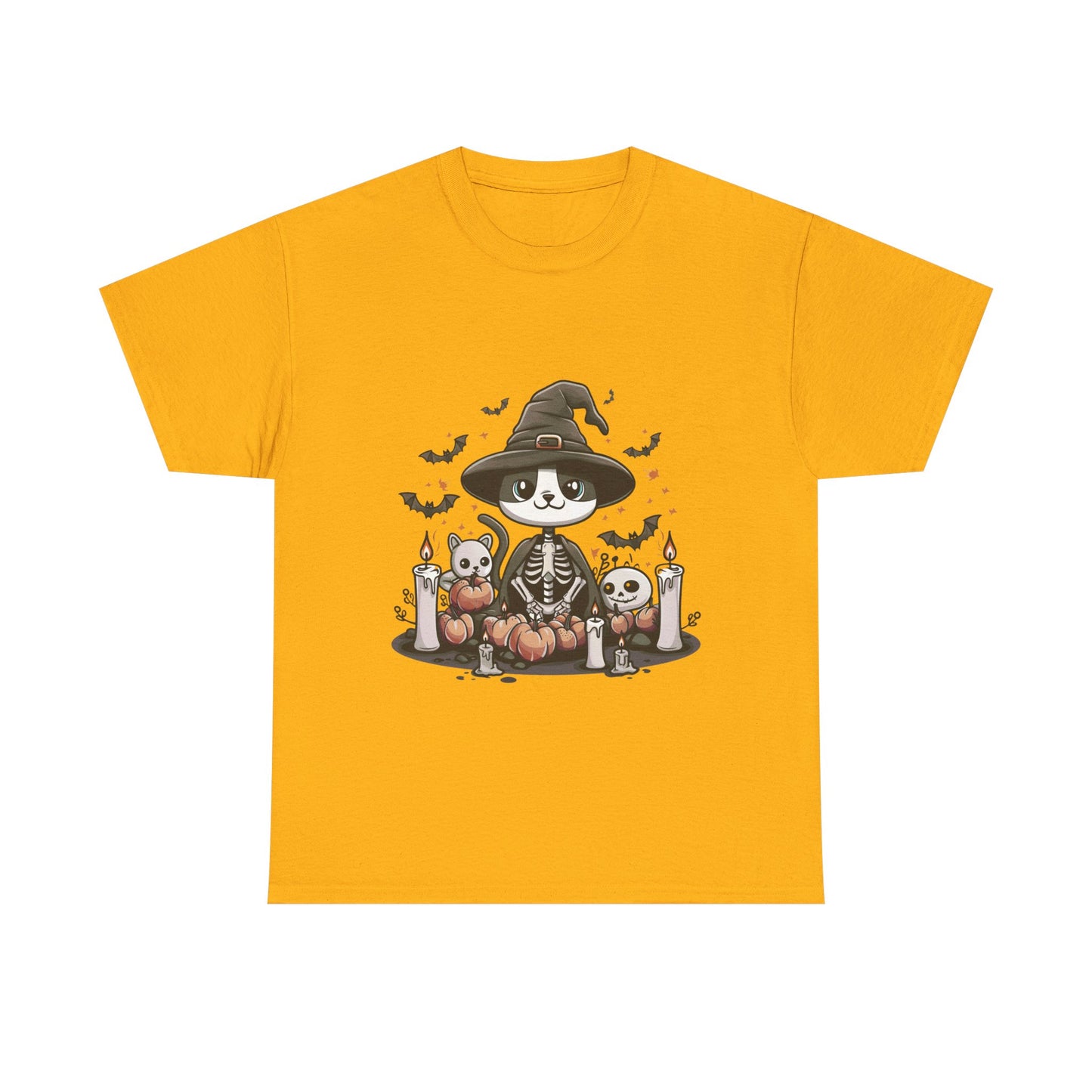 Halloween Witch Cat T-Shirt – Cute Skeleton Cat with Pumpkins & Candles