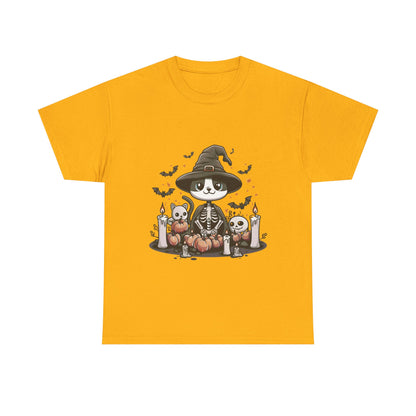 Halloween Witch Cat T-Shirt – Cute Skeleton Cat with Pumpkins & Candles