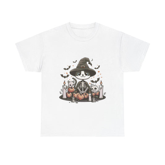 Halloween Witch Cat T-Shirt – Cute Skeleton Cat with Pumpkins & Candles