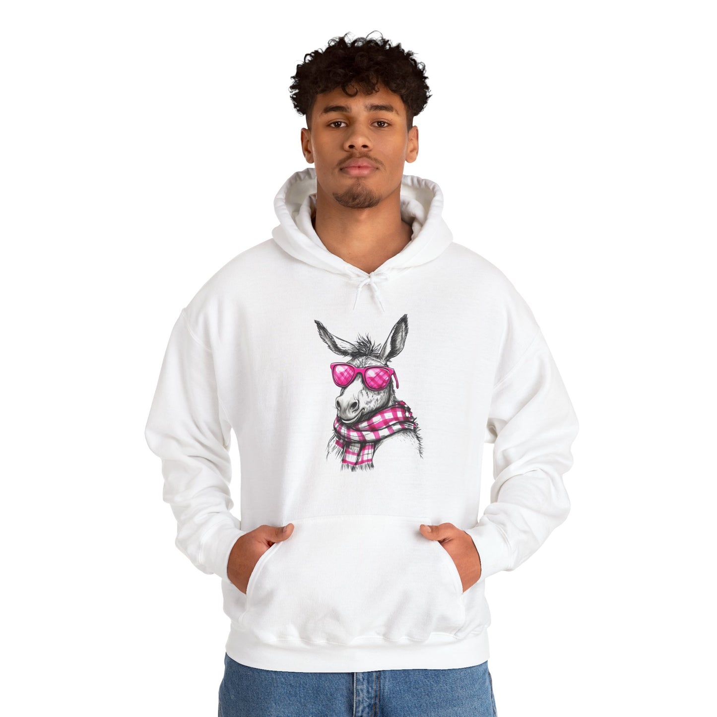 Cool Donkey Hoodie with Pink Glasses & Plaid Scarf — Cute Animal Graphic Sweatshirt