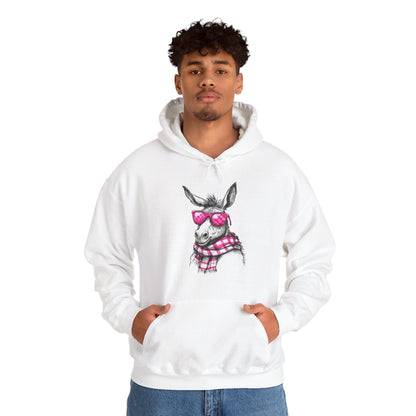 Cool Donkey Hoodie with Pink Glasses & Plaid Scarf — Cute Animal Graphic Sweatshirt