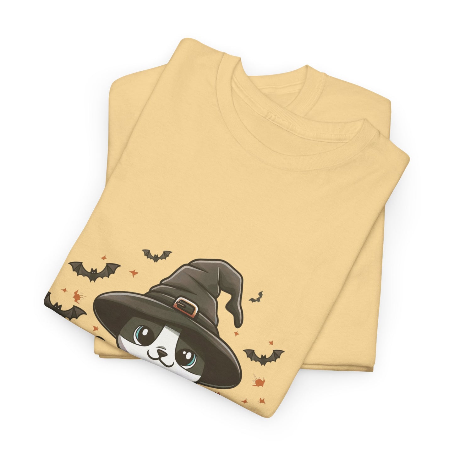 Halloween Witch Cat T-Shirt – Cute Skeleton Cat with Pumpkins & Candles
