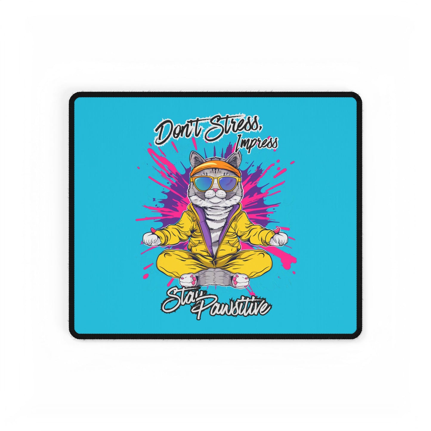 Desk Mat — "Don’t Stress, Meowt" Meditating Cat Large Gaming/Office Mouse Pad