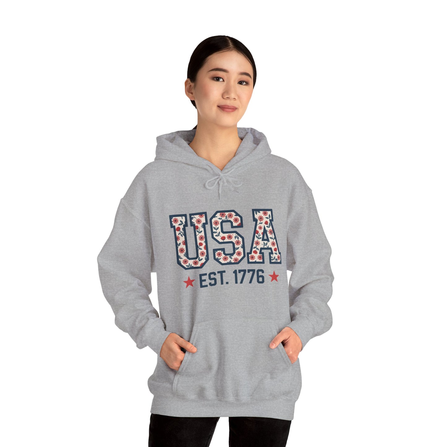 USA EST. 1776 Hoodie — Patriotic Floral American Heritage Sweatshirt