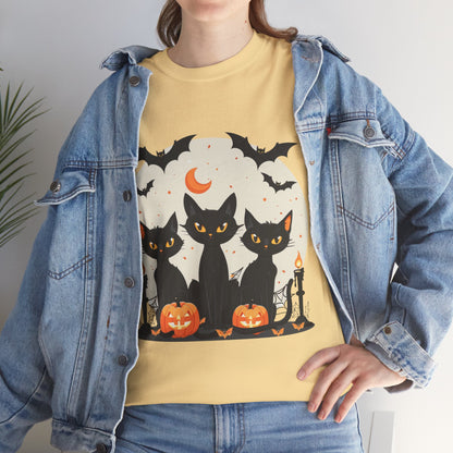 Halloween Black Cat T-Shirt – Cute Spooky Cats with Pumpkins & Bats Print