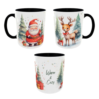 Warm & Cozy Christmas Accent Coffee Mug — Festive Santa, Reindeer & Pine Tree Holiday Drinkware