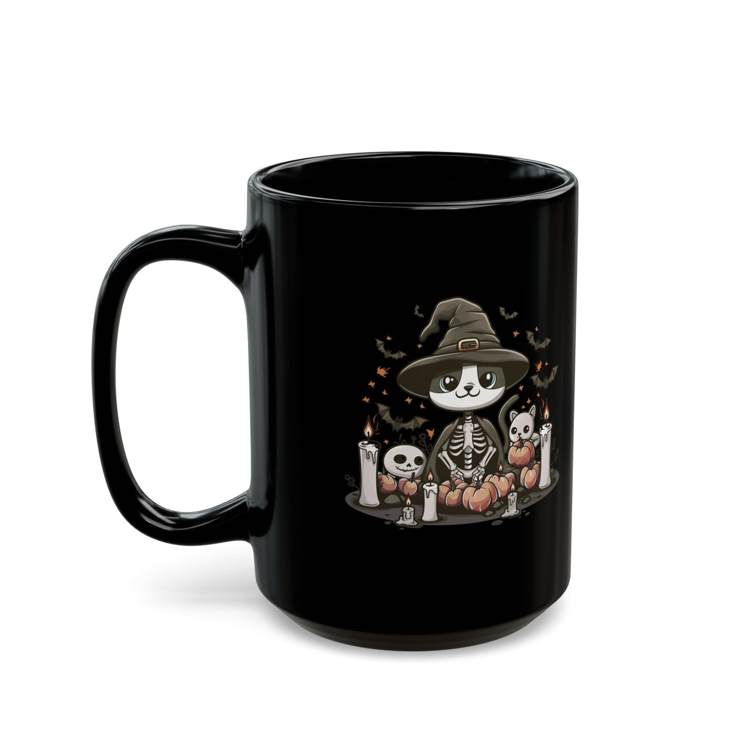 Halloween Witch Cat Mug – Cute Skeleton Cat with Pumpkins & Candles