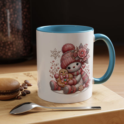 Cute Pink Snowman Coffee Mug — Holiday Winter Gingerbread Design (11/15oz)