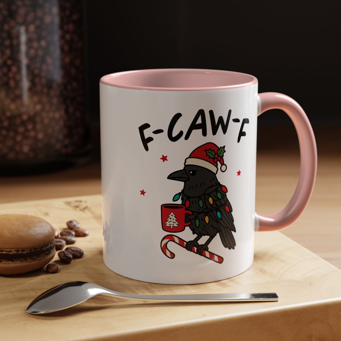 Funny Crow Christmas Mug – F-Caw-F Holiday Crow Cup – Cute Raven Coffee Mug with Lights & Santa Hat