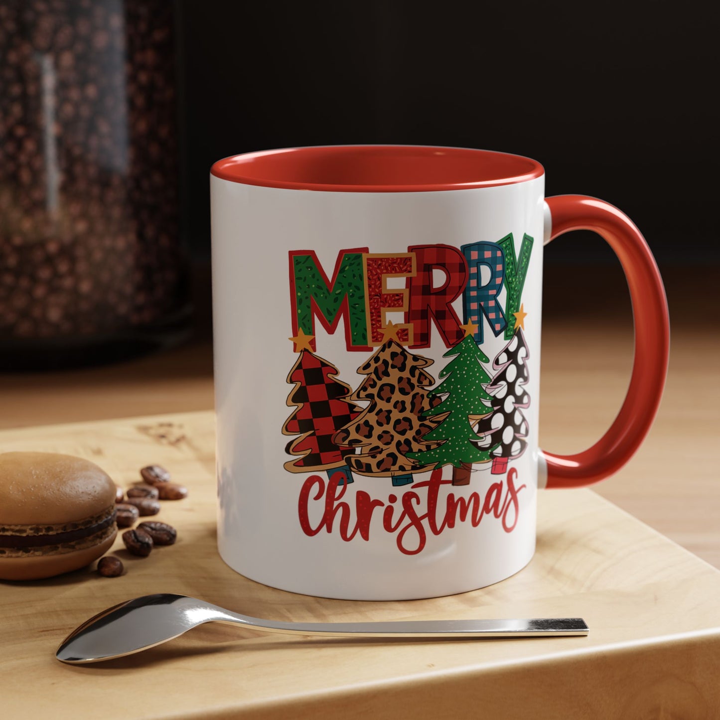 Merry Christmas Accent Coffee Mug — Festive Plaid, Leopard & Pine Tree Holiday Design