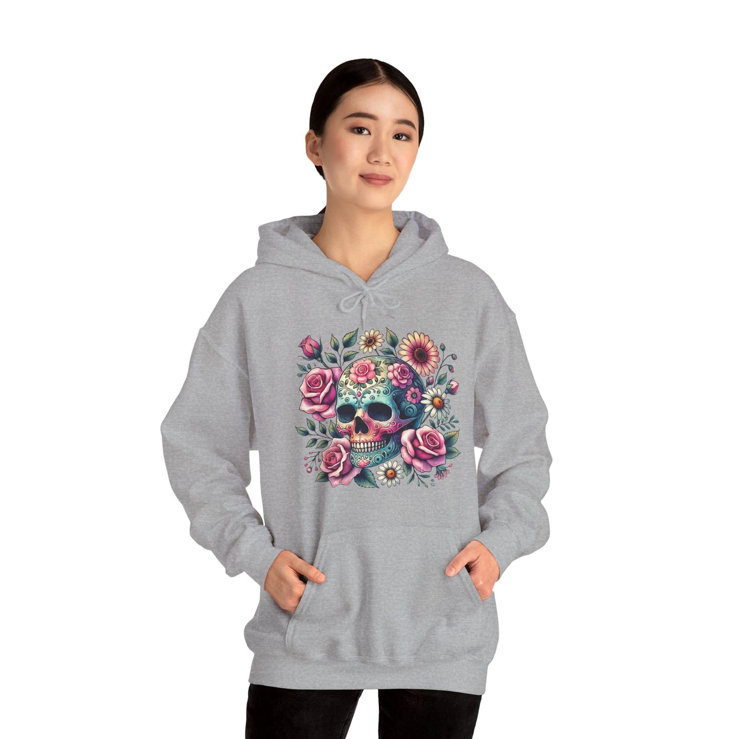 Floral Sugar Skull Hoodie — Day of the Dead Skull & Roses Pullover