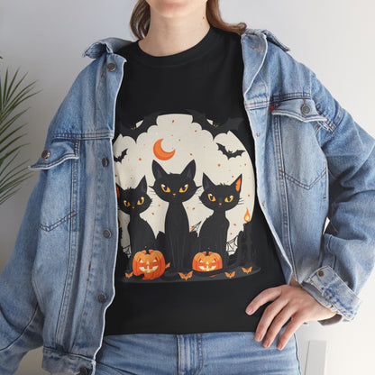 Halloween Black Cat T-Shirt – Cute Spooky Cats with Pumpkins & Bats Print