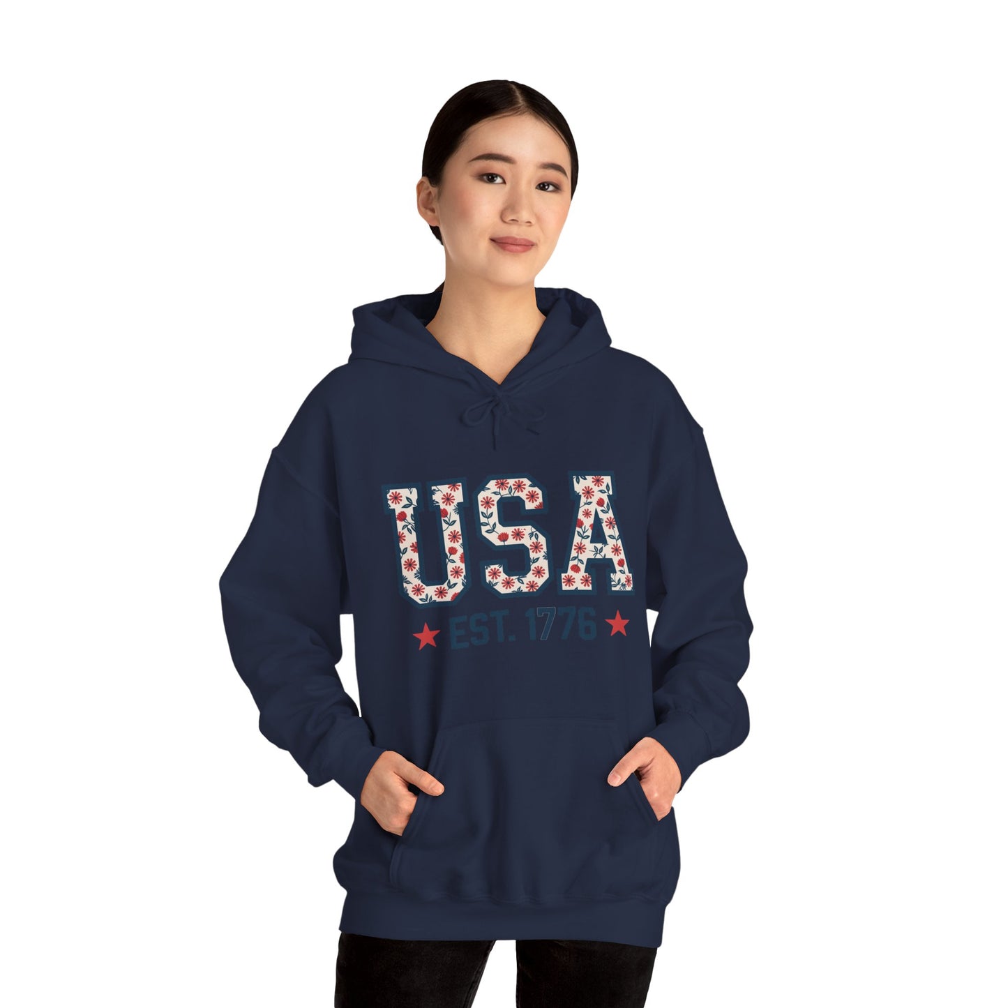 USA EST. 1776 Hoodie — Patriotic Floral American Heritage Sweatshirt