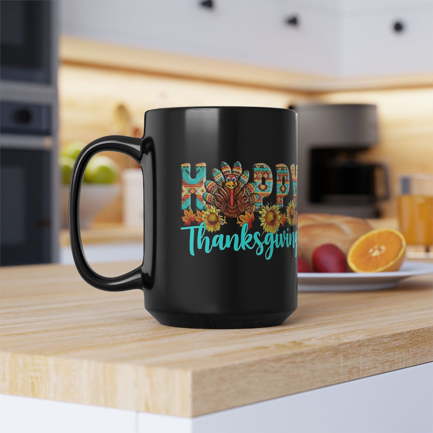 Happy Thanksgiving Mug – Cute Turkey & Sunflower Fall Coffee Cup – Autumn Boho Pattern Mug for Holiday & Festive Gifts
