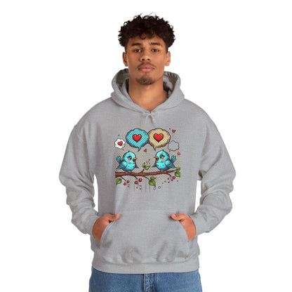 Birds on a Branch Hoodie — Cute Blue Lovebirds with Heart Speech Bubbles