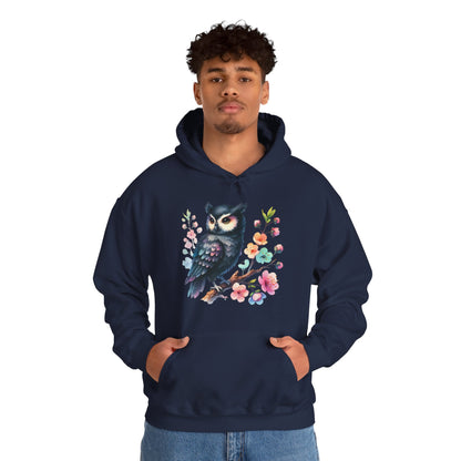 Floral Night Owl Hoodie – Watercolor Owl & Blossom Pullover