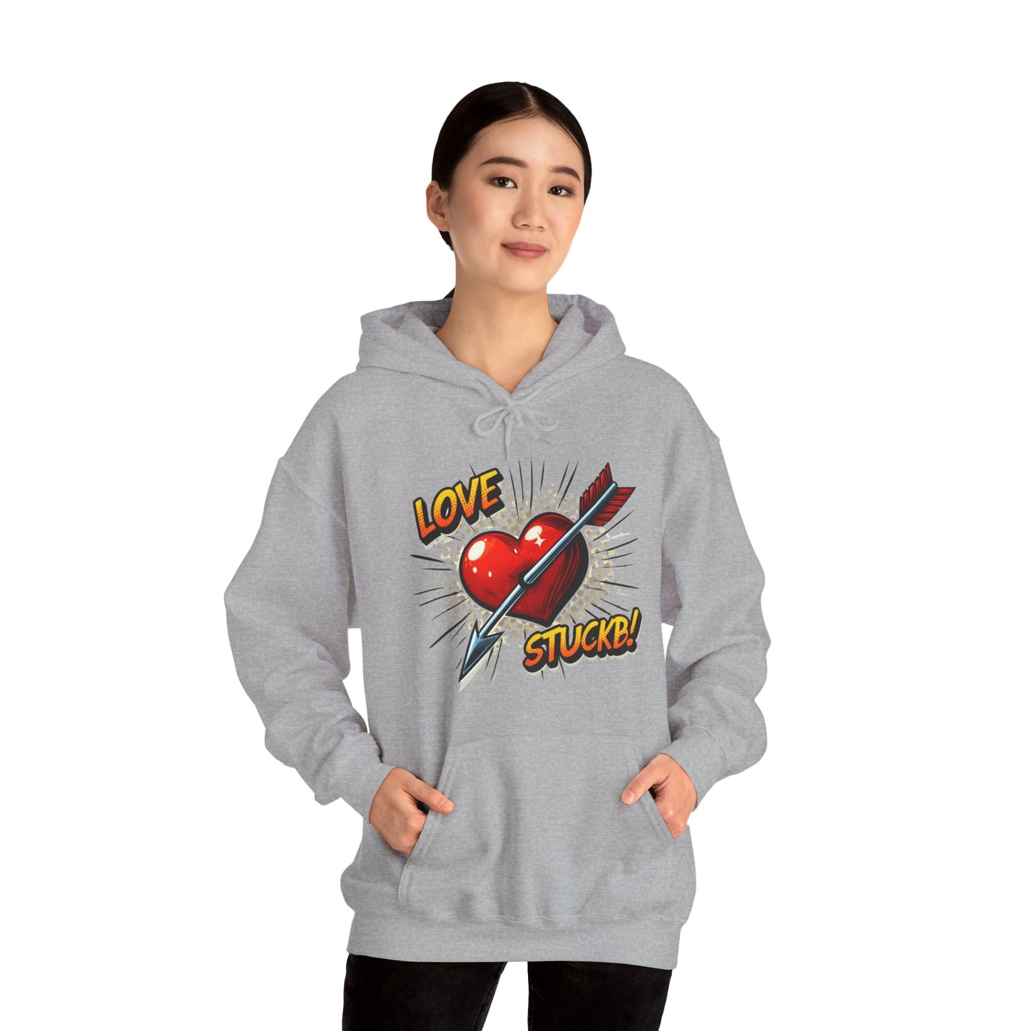 Hoodie — 'Love Stuck!' Retro Heart & Arrow Graphic Hooded Sweatshirt