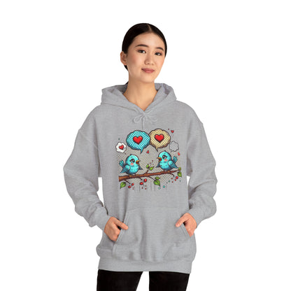 Birds on a Branch Hoodie — Cute Blue Lovebirds with Heart Speech Bubbles