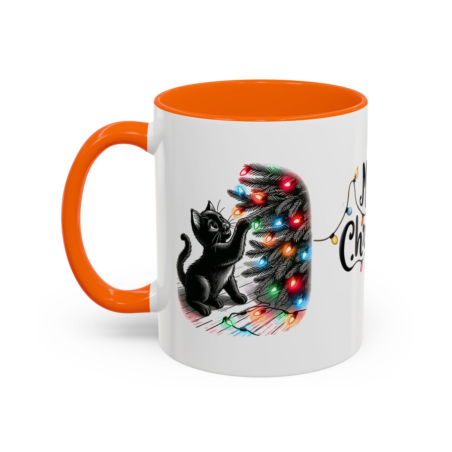 Merry Christmas Cat Mug – Cute Black Cat with Christmas Lights – Holiday Coffee Cup Gift for Cat Lovers