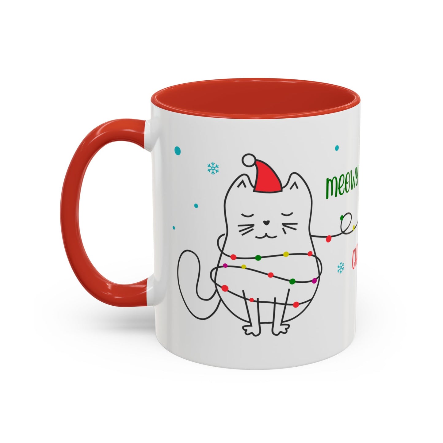 Meowy Christmas Accent Coffee Mug — Cute Cat & Decorated Tree Holiday Mug (11/15oz)