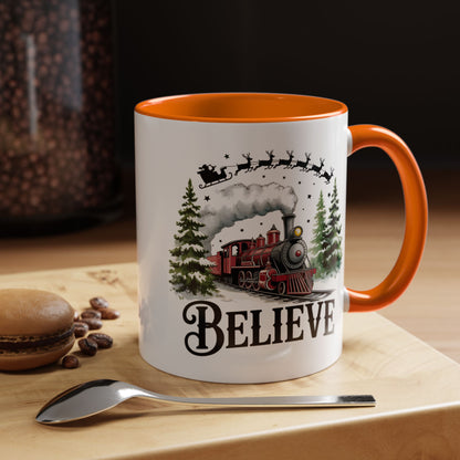 Believe Christmas Train Mug with Santa Sleigh – Holiday Coffee Cup