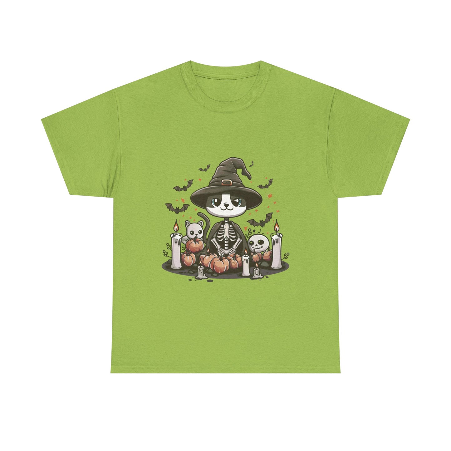 Halloween Witch Cat T-Shirt – Cute Skeleton Cat with Pumpkins & Candles