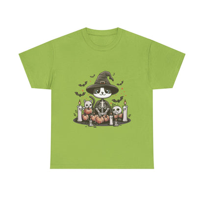 Halloween Witch Cat T-Shirt – Cute Skeleton Cat with Pumpkins & Candles