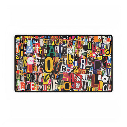 Colorful Collage Alphabet Desk Mat — Typographic Word Art Gaming & Office Desk Pad