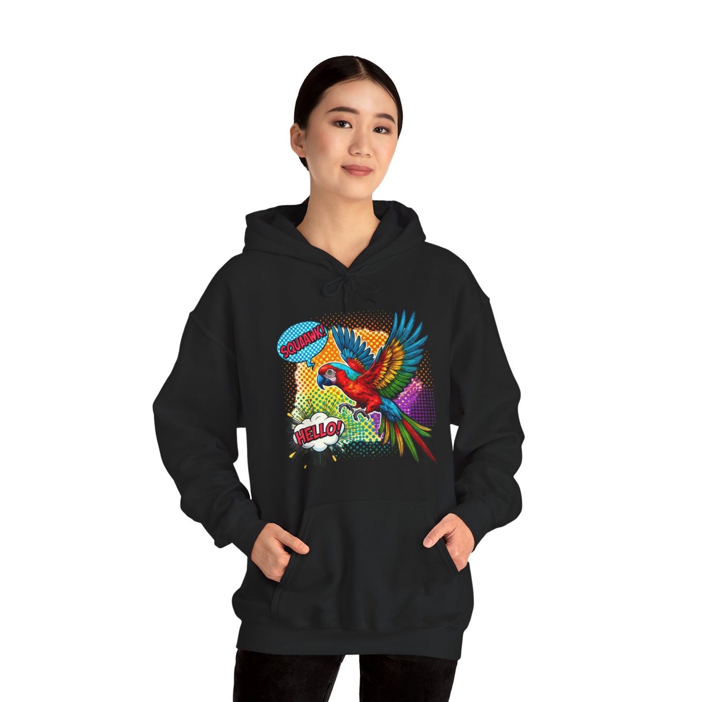 Parrot Pop Art Hoodie — Colorful Macaw 'Hello' Graphic Pullover