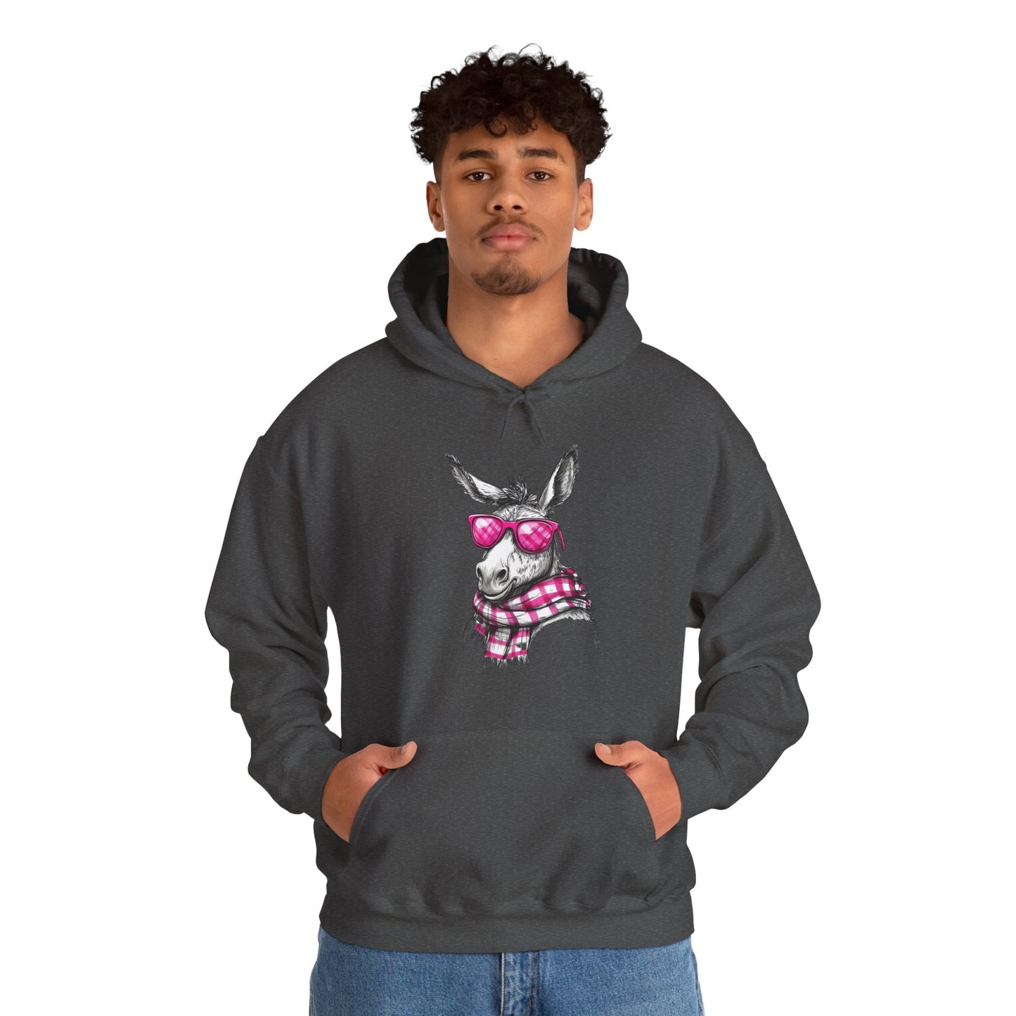 Cool Donkey Hoodie with Pink Glasses & Plaid Scarf — Cute Animal Graphic Sweatshirt