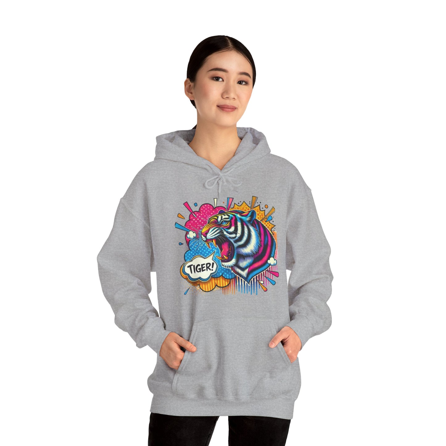 Colorful Pop Art Tiger Hoodie – "TIGER!" Graphic Pullover
