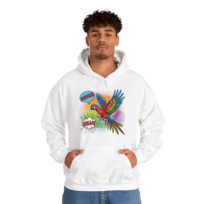 Parrot Pop Art Hoodie — Colorful Macaw 'Hello' Graphic Pullover