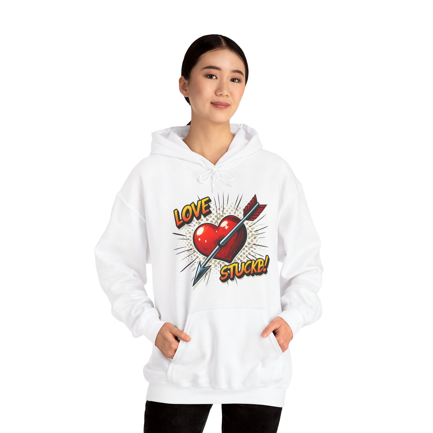 Hoodie — 'Love Stuck!' Retro Heart & Arrow Graphic Hooded Sweatshirt