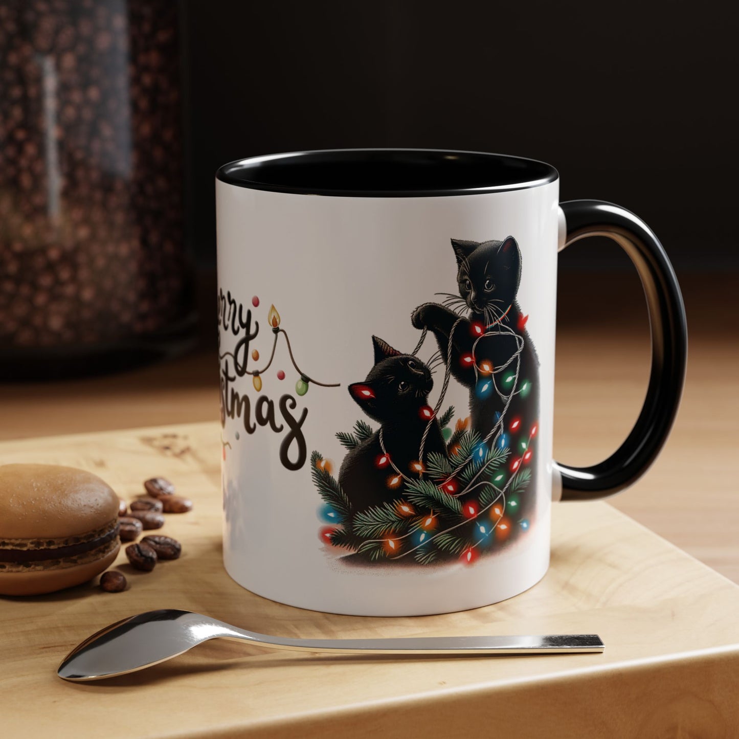 Cute Black Cat Christmas Lights Mug – Festive Holiday Coffee Cup Gift