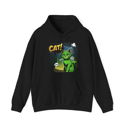 Green Comic Cat Hoodie — Retro Pop Art "CAT!" Graphic Sweatshirt