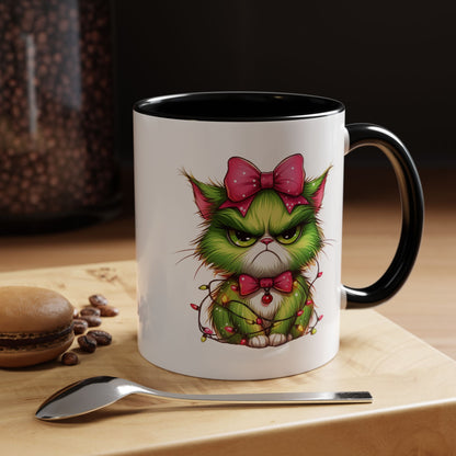 Christmas Grumpy Cat Accent Coffee Mug — Cute Green Kitty with Bow & Holiday Lights (11/15 oz)