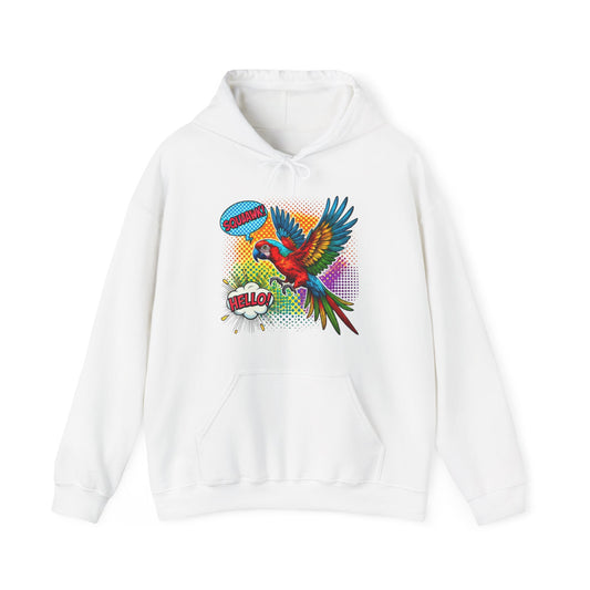 Parrot Pop Art Hoodie — Colorful Macaw 'Hello' Graphic Pullover