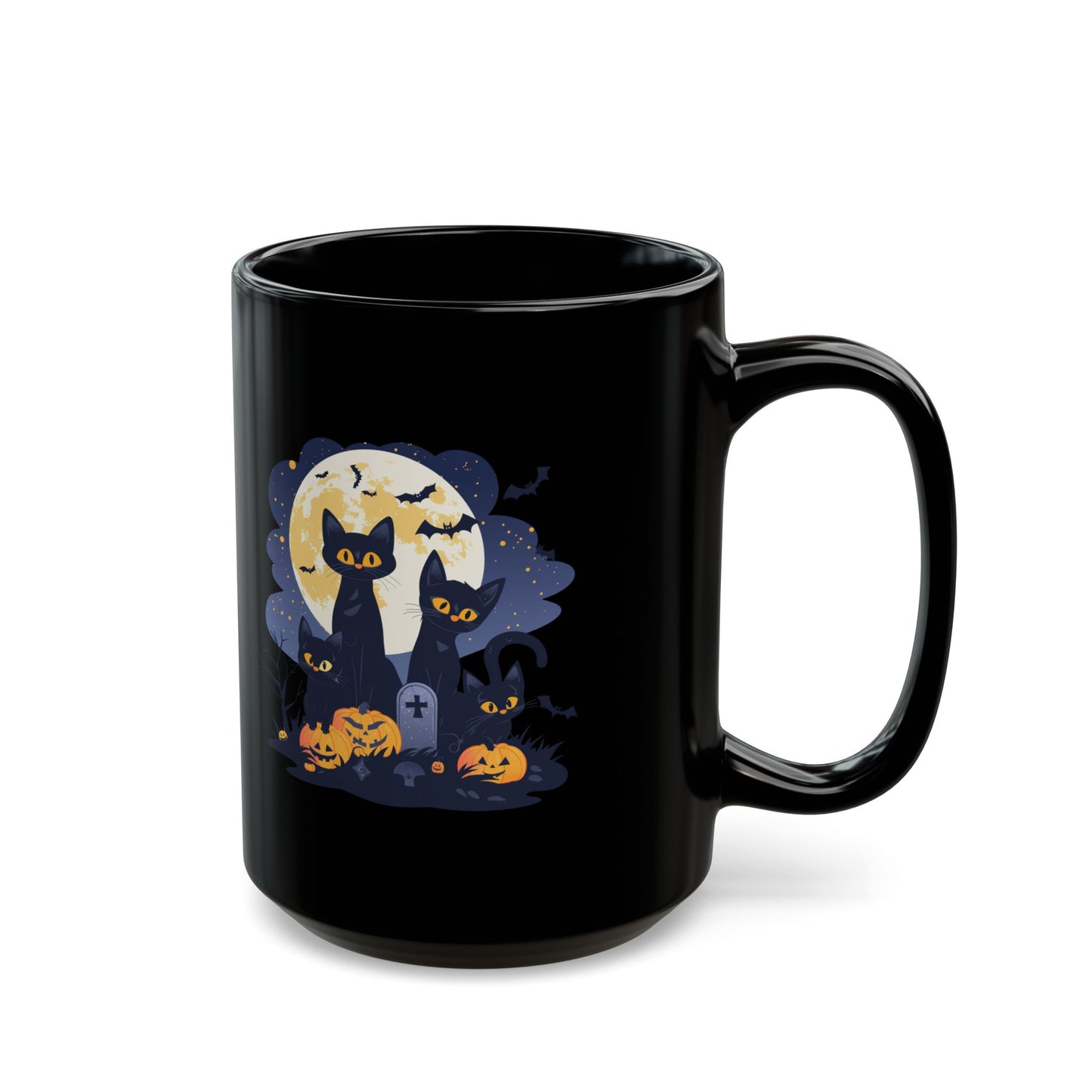 Halloween Black Cat Mug – Spooky Cats with Pumpkins & Full Moon Design