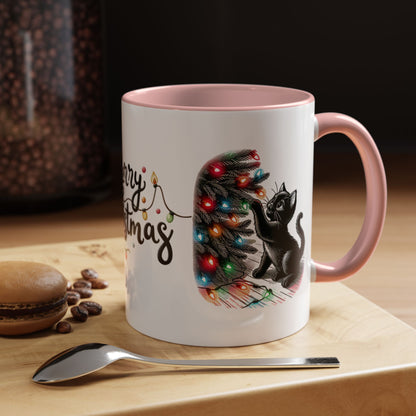 Merry Christmas Cat Mug – Cute Black Cat with Christmas Lights – Holiday Coffee Cup Gift for Cat Lovers
