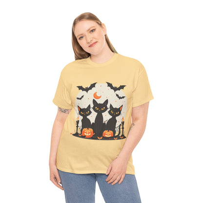 Halloween Black Cat T-Shirt – Cute Spooky Cats with Pumpkins & Bats Print