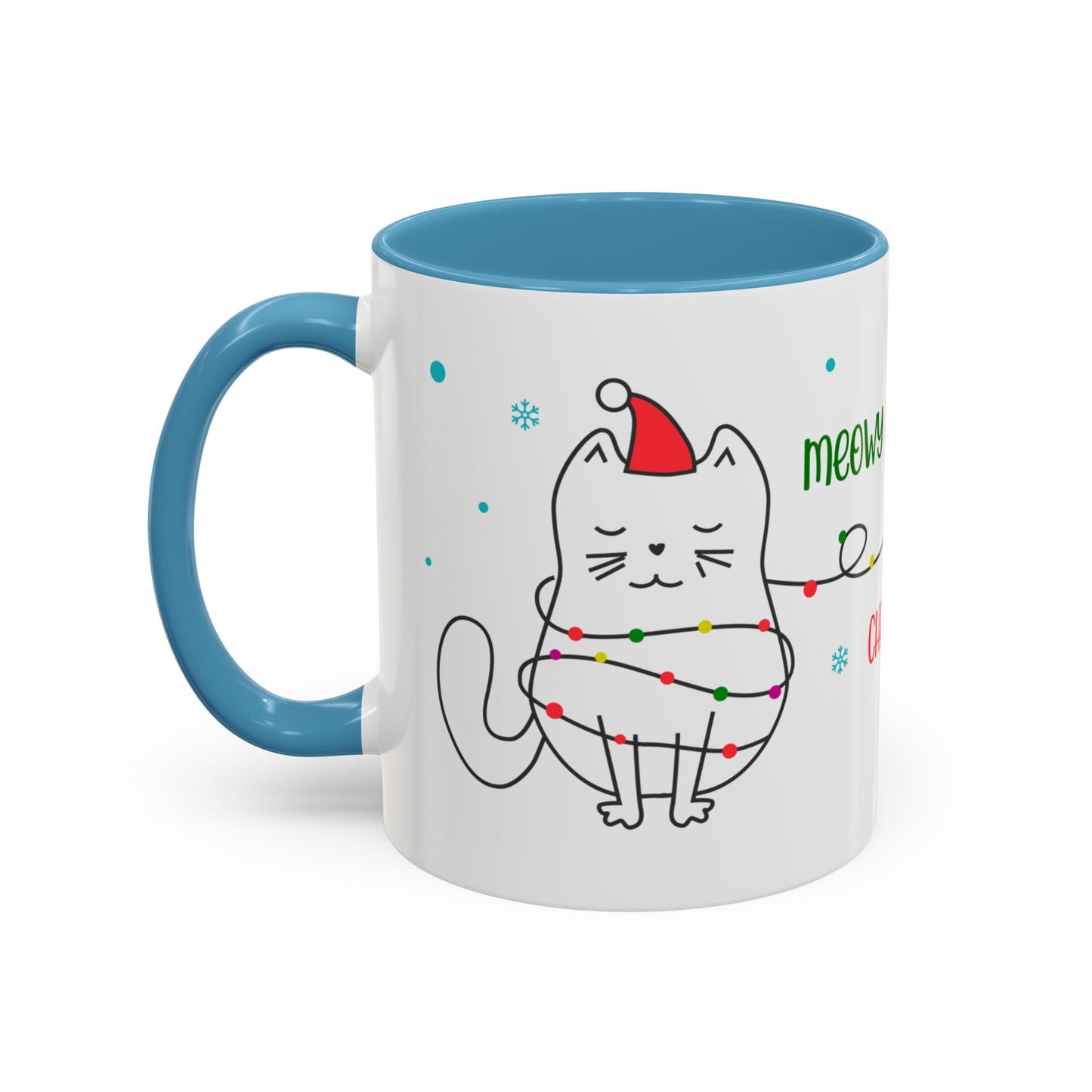 Meowy Christmas Accent Coffee Mug — Cute Cat & Decorated Tree Holiday Mug (11/15oz)