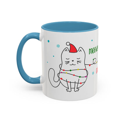 Meowy Christmas Accent Coffee Mug — Cute Cat & Decorated Tree Holiday Mug (11/15oz)